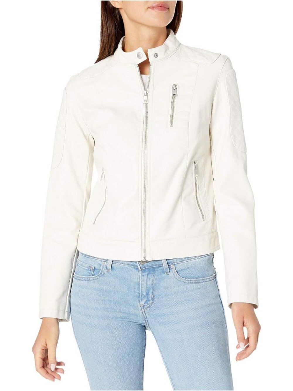 Women's Oyster Faux Leather Motocross Racer Jacket Zip Closure Snap-Down Collar